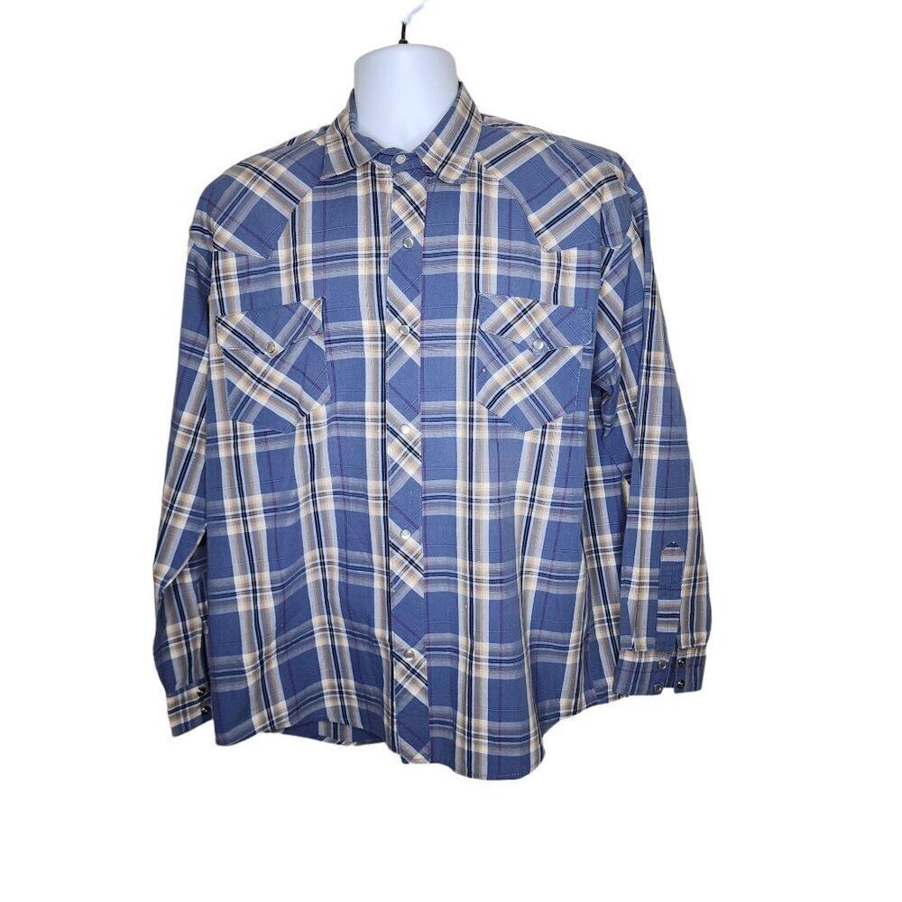 Ozona West Long Sleeve Plaid Pearl Snap Western Shirt Mens Size XL Blue